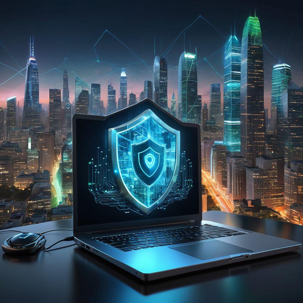 A digital shield symbolizing protection, with a glowing lock at its center, surrounded by various tech devices (laptop, smartphone, tablet) displaying security icons (like padlocks and shields). In the background, a vibrant cityscape representing the digital world, with a network of connections and data streams flowing through. The color palette should convey security and trust with deep blues and greens. super-realistic. vibrant colors. 3D.