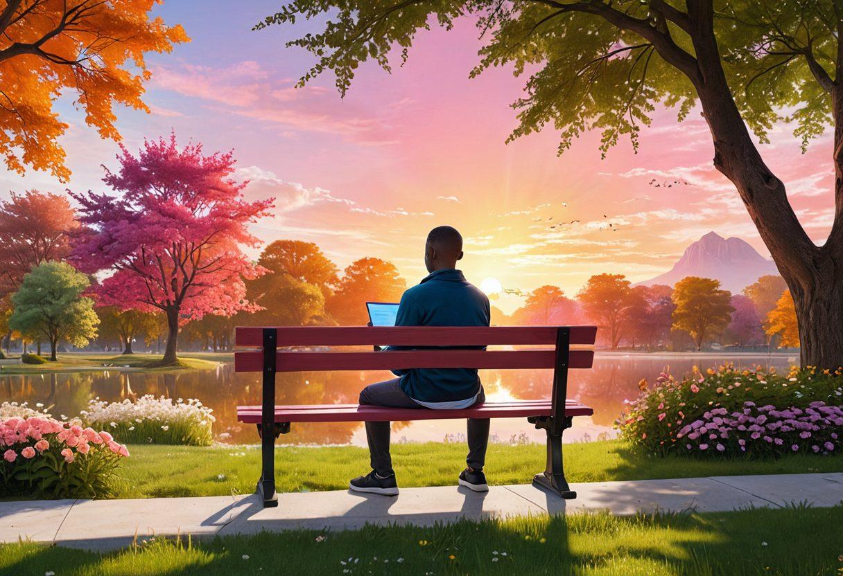 A serene scene featuring a person sitting on a park bench, looking thoughtfully at a glowing holographic shield symbolizing protection and security, with a sunrise in the background representing hope and new beginnings. In the foreground, a digital notebook displaying recovery tips and strategies, surrounded by nature to evoke calmness and resilience. super-realistic. vibrant colors. tranquil setting.