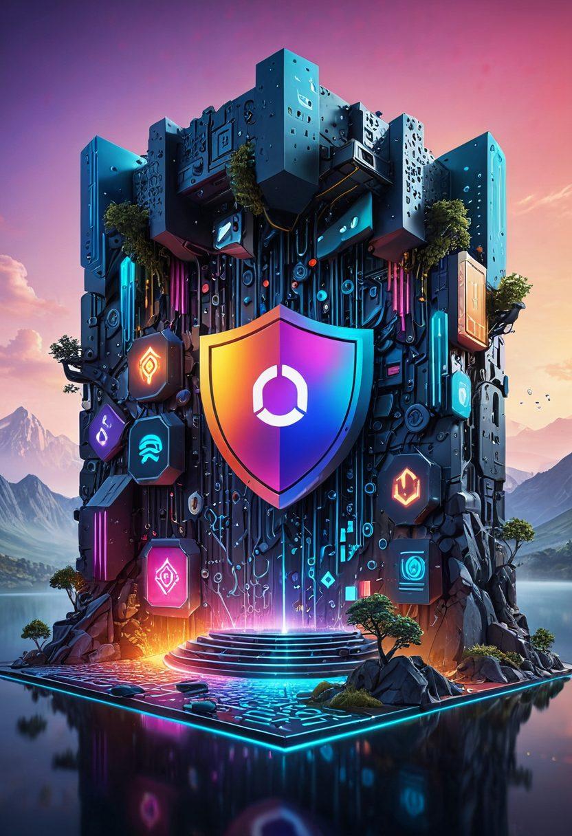 A digital fortress made of binary code with a shield symbol in the center, surrounded by floating icons representing awareness tools, security locks, and data recovery aids. The background depicts a serene cyber landscape, illustrating a harmonious balance between technology and safety. Bright colors to emphasize protection and trust. super-realistic. vibrant colors. 3D.